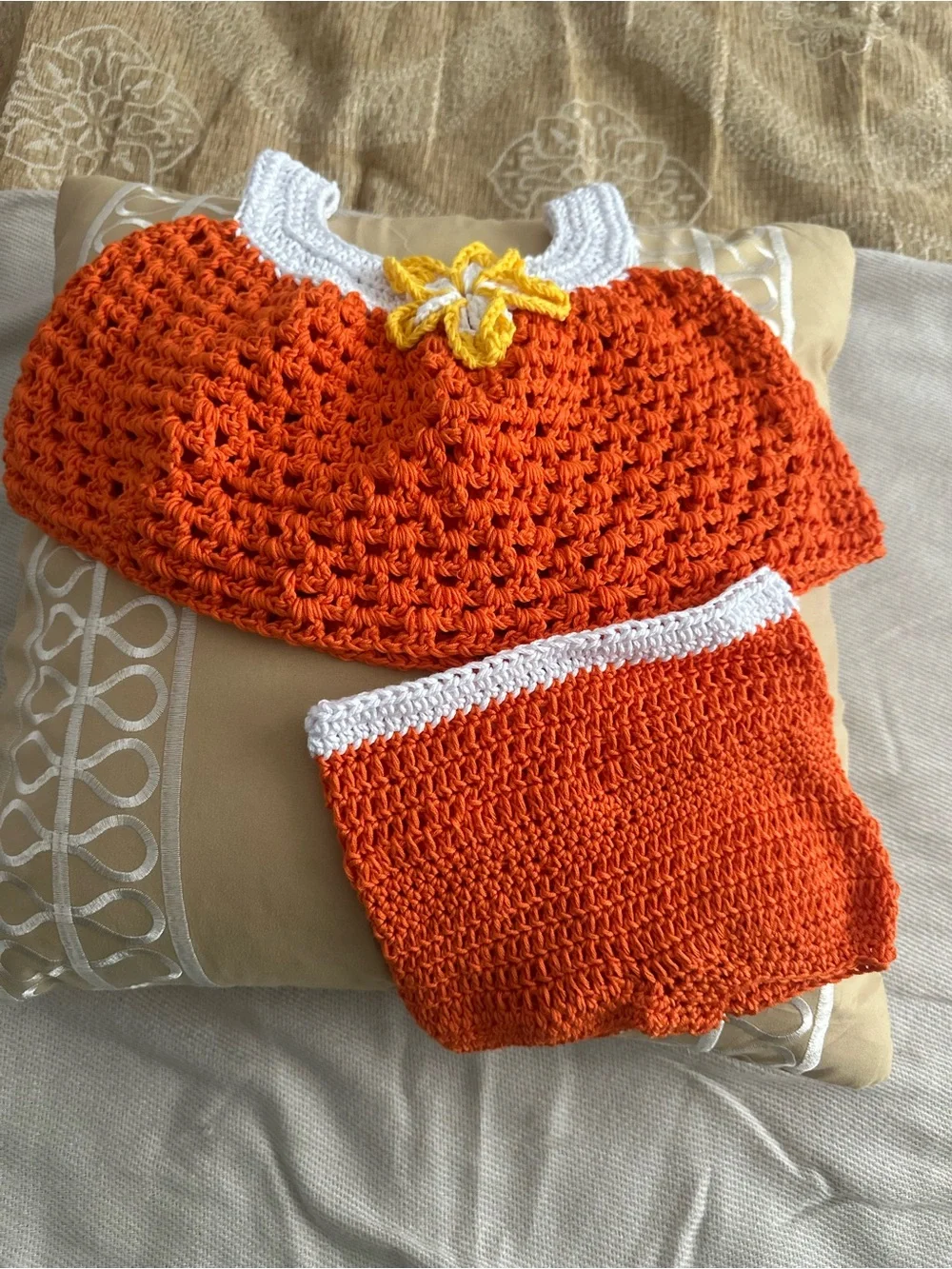 Handmade Orange Crochet Kids Matching Hat & Diaper Cover Set with White Trim